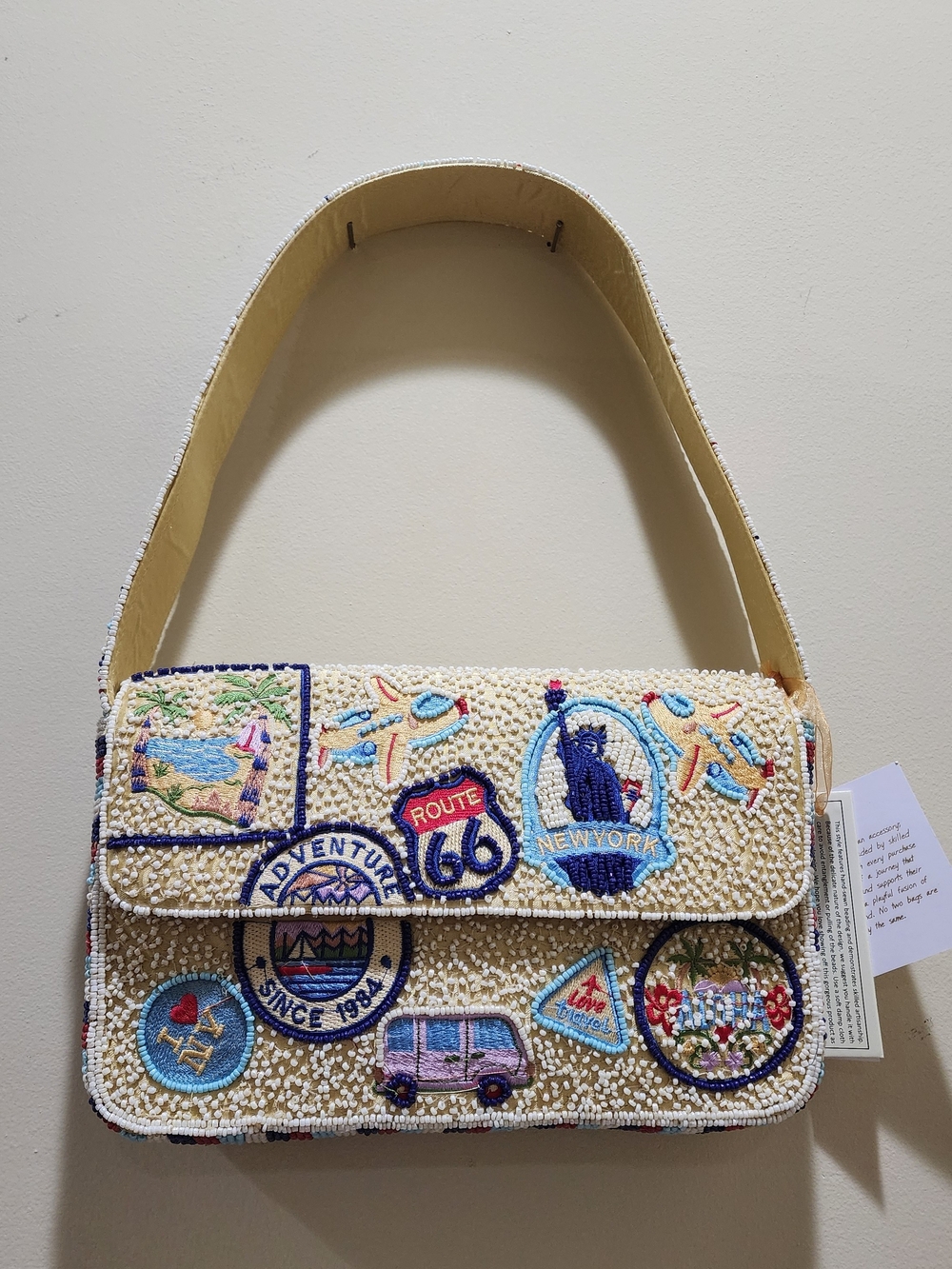 Beaded Embroidered Patchwork Shoulder Bag - Cream